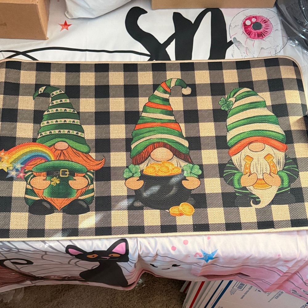 St Patrick's Day 2pcs Kitchen Plaid Gnome Area Rug & Door Mat New